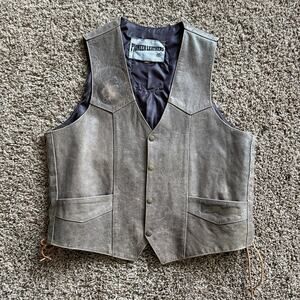 Men's Pioneer Leather Tumbled Light Brown Patched Biker Motorcycle Vest Sz 46 XL